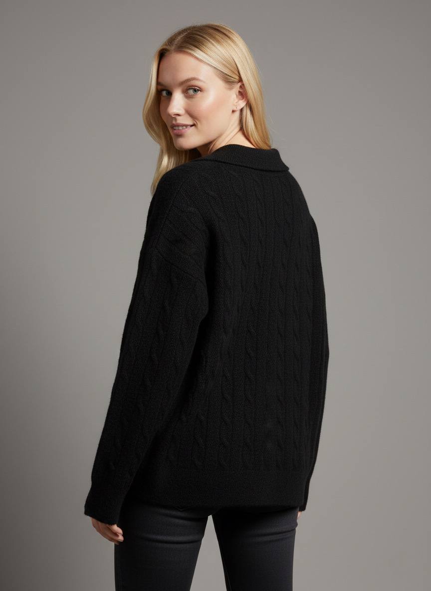 Pinterest Tarzı Siyah V Yaka Polo Yaka Saç Örgü Oversize Triko Kazak