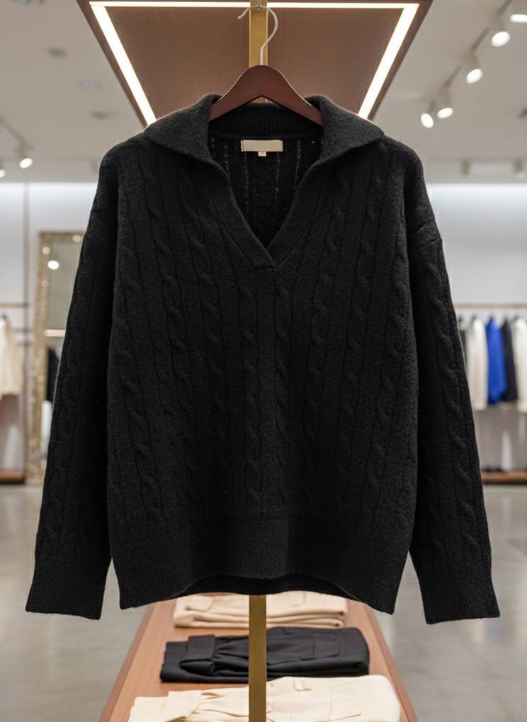 Pinterest Tarzı Siyah V Yaka Polo Yaka Saç Örgü Oversize Triko Kazak