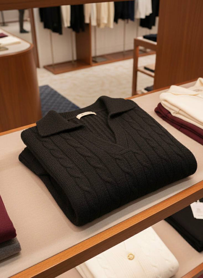 Pinterest Tarzı Siyah V Yaka Polo Yaka Saç Örgü Oversize Triko Kazak