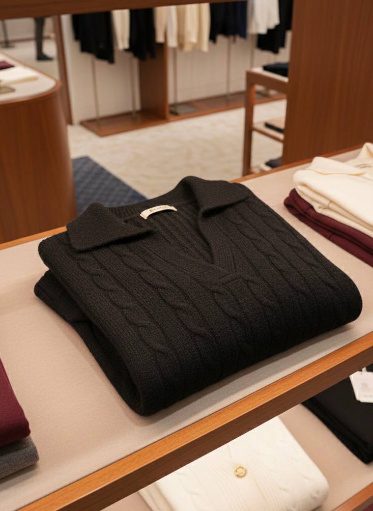 Pinterest Tarzı Siyah V Yaka Polo Yaka Saç Örgü Oversize Triko Kazak