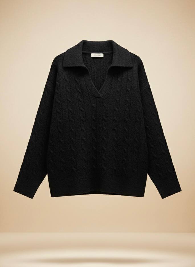 Pinterest Tarzı Siyah V Yaka Polo Yaka Saç Örgü Oversize Triko Kazak