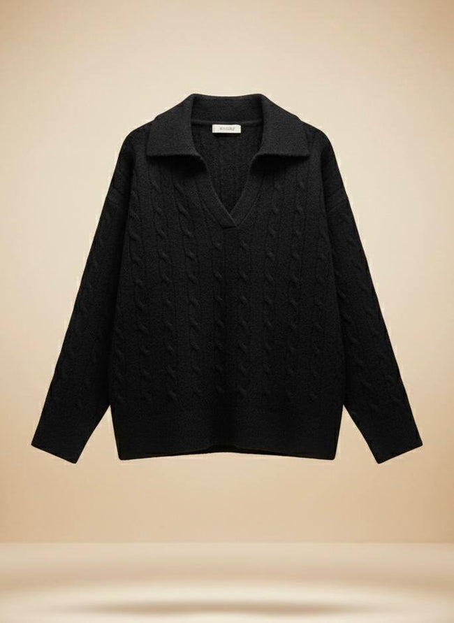 Pinterest Tarzı Siyah V Yaka Polo Yaka Saç Örgü Oversize Triko Kazak