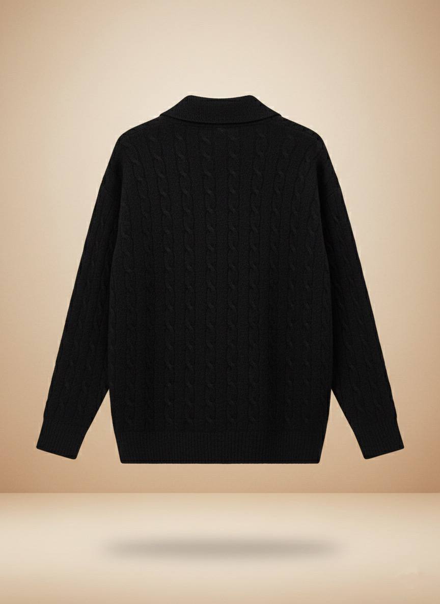 Pinterest Tarzı Siyah V Yaka Polo Yaka Saç Örgü Oversize Triko Kazak