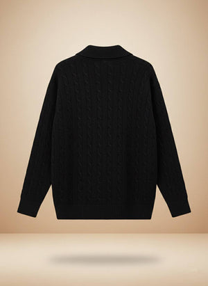 Pinterest Tarzı Siyah V Yaka Polo Yaka Saç Örgü Oversize Triko Kazak