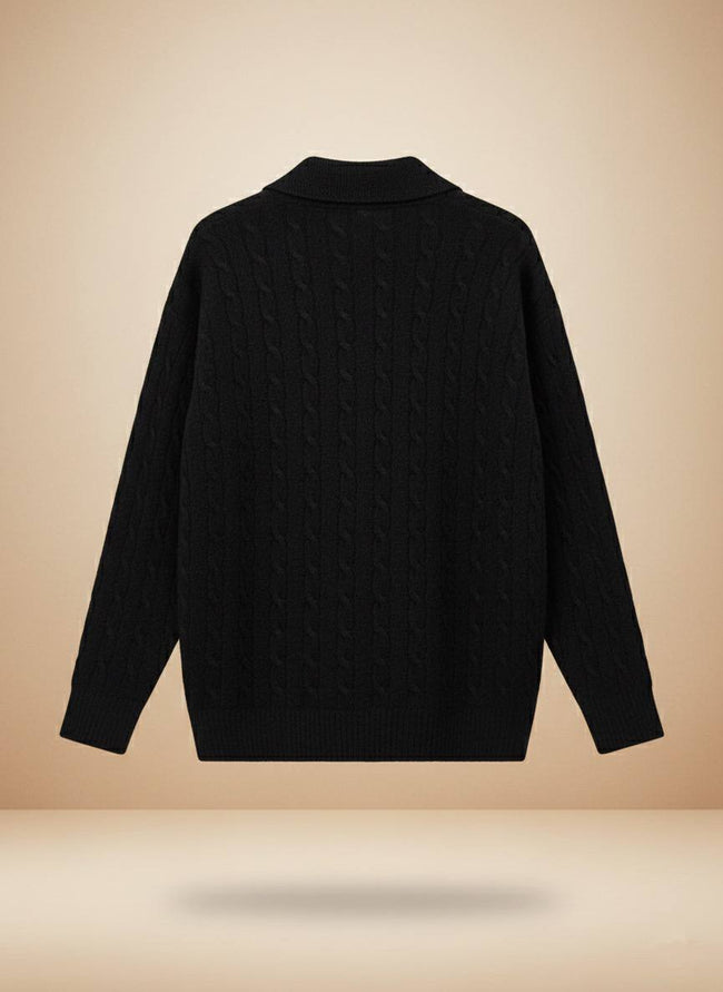 Pinterest Tarzı Siyah V Yaka Polo Yaka Saç Örgü Oversize Triko Kazak