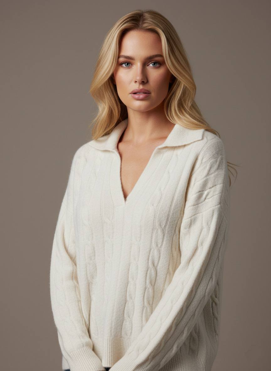 Pinterest Tarzı Krem V Yaka Polo Yaka Saç Örgü Oversize Triko Kazak