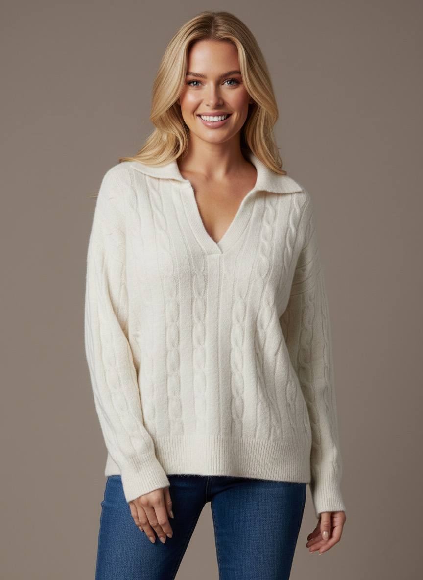 Pinterest Tarzı Krem V Yaka Polo Yaka Saç Örgü Oversize Triko Kazak