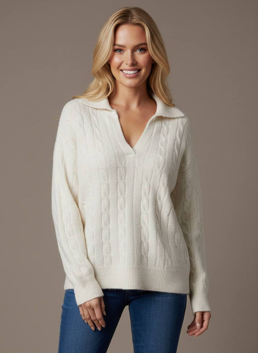 Pinterest Tarzı Krem V Yaka Polo Yaka Saç Örgü Oversize Triko Kazak