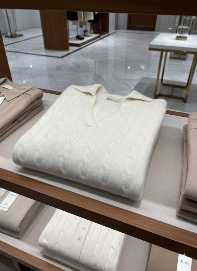 Pinterest Tarzı Krem V Yaka Polo Yaka Saç Örgü Oversize Triko Kazak