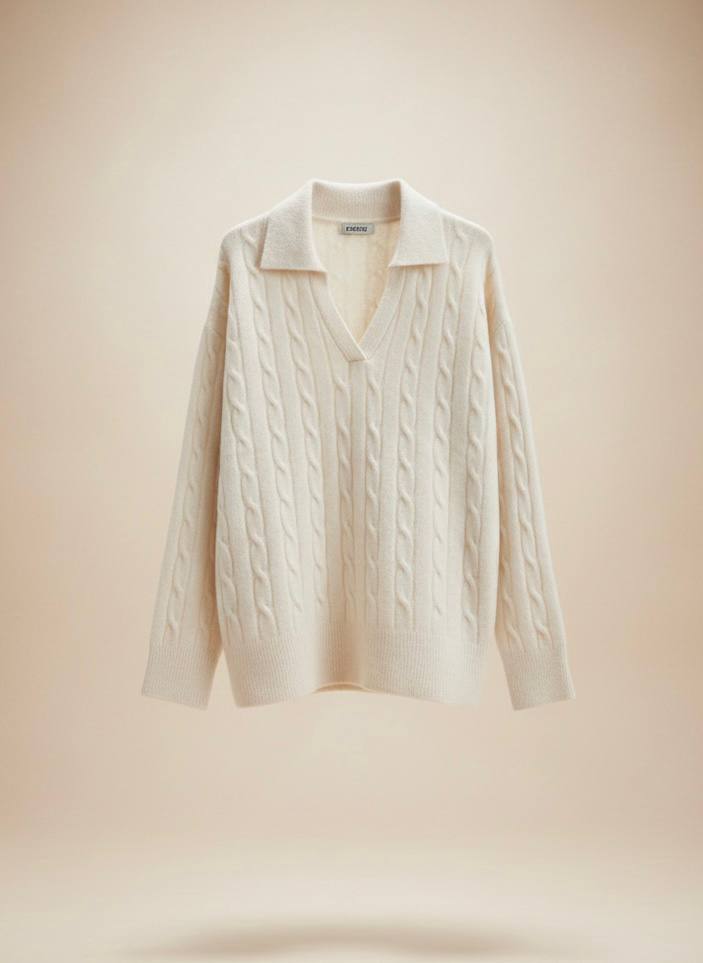 Pinterest Tarzı Krem V Yaka Polo Yaka Saç Örgü Oversize Triko Kazak