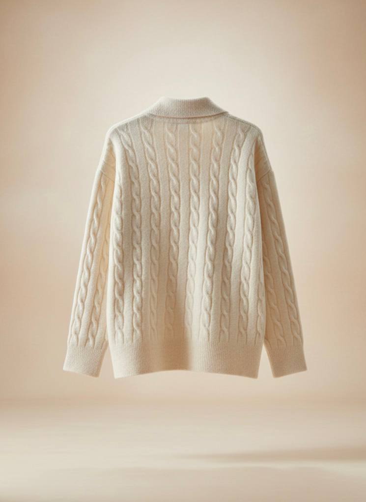 Pinterest Tarzı Krem V Yaka Polo Yaka Saç Örgü Oversize Triko Kazak