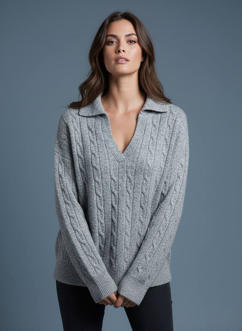 Pinterest Tarzı Gri V Yaka Polo Yaka Saç Örgü Oversize Triko Kazak