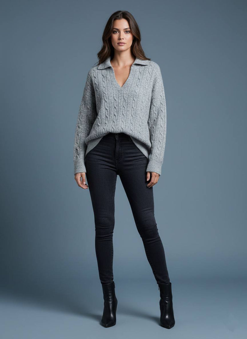 Pinterest Tarzı Gri V Yaka Polo Yaka Saç Örgü Oversize Triko Kazak