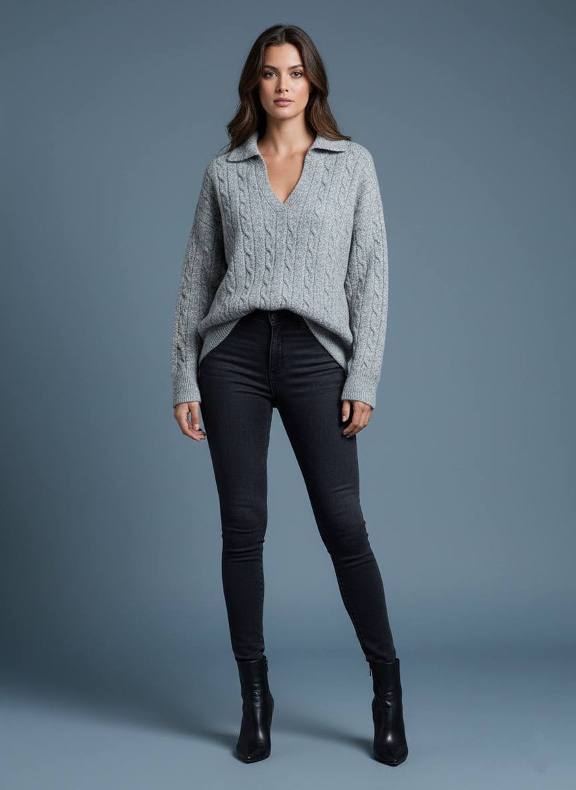 Pinterest Tarzı Gri V Yaka Polo Yaka Saç Örgü Oversize Triko Kazak