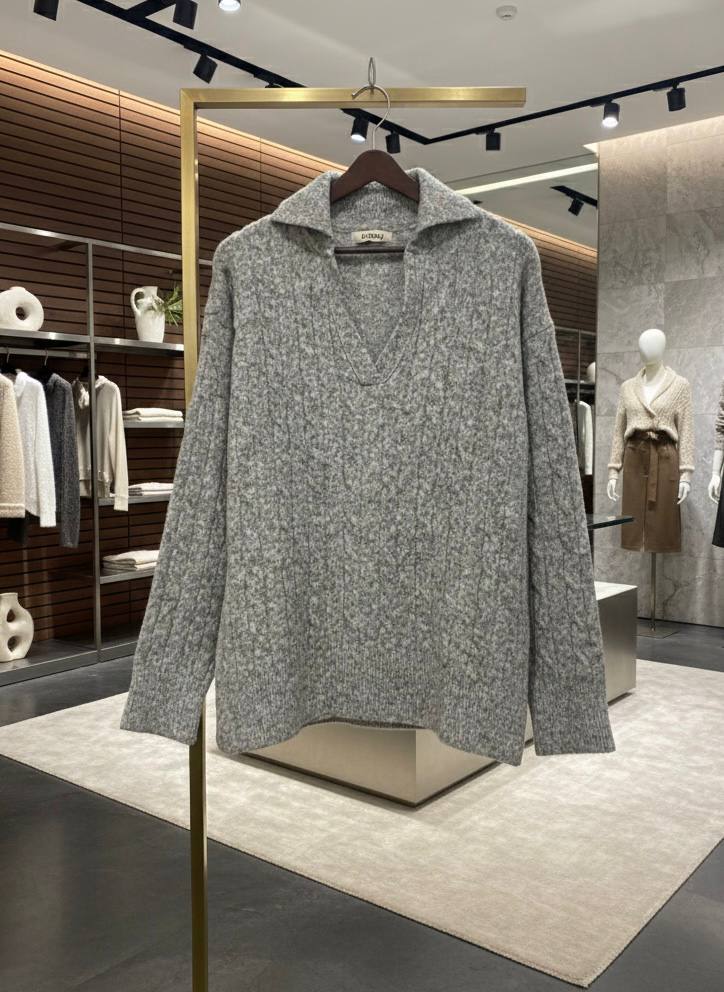 Pinterest Tarzı Gri V Yaka Polo Yaka Saç Örgü Oversize Triko Kazak