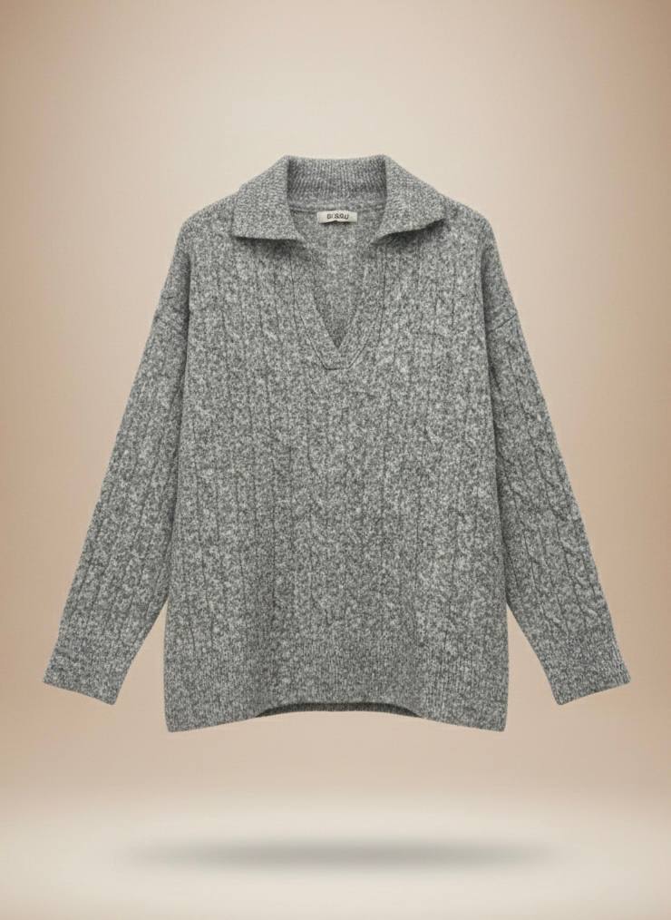 Pinterest Tarzı Gri V Yaka Polo Yaka Saç Örgü Oversize Triko Kazak