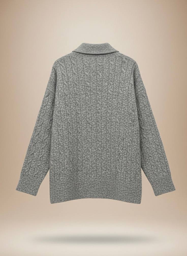 Pinterest Tarzı Gri V Yaka Polo Yaka Saç Örgü Oversize Triko Kazak