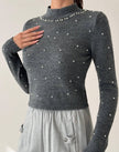 İnci İşlemeli Füme Dik Yaka Slim Fit Kadın Triko Bluz