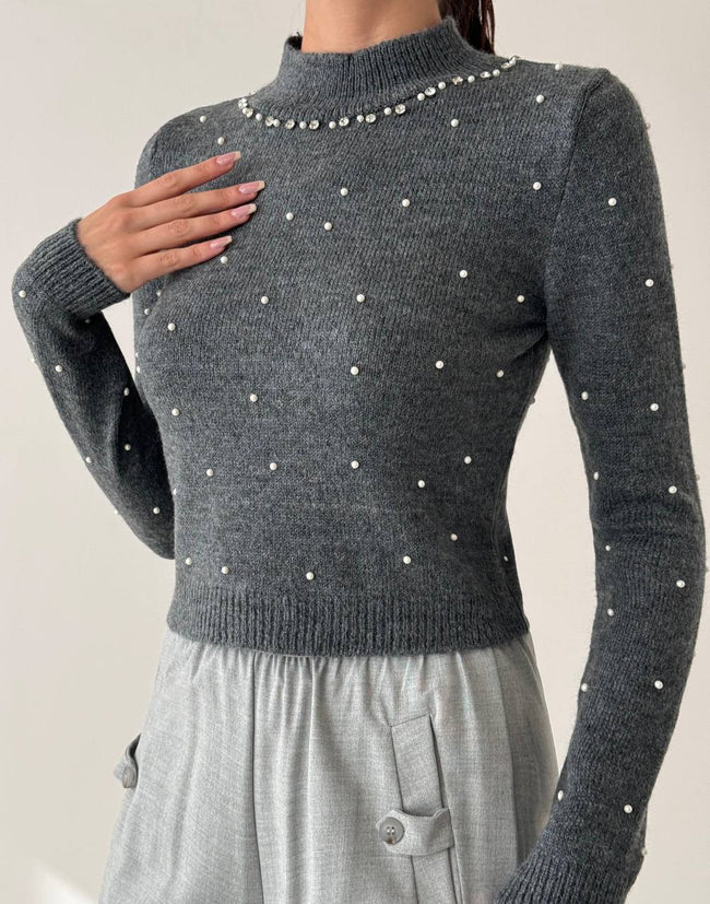 İnci İşlemeli Füme Dik Yaka Slim Fit Kadın Triko Bluz