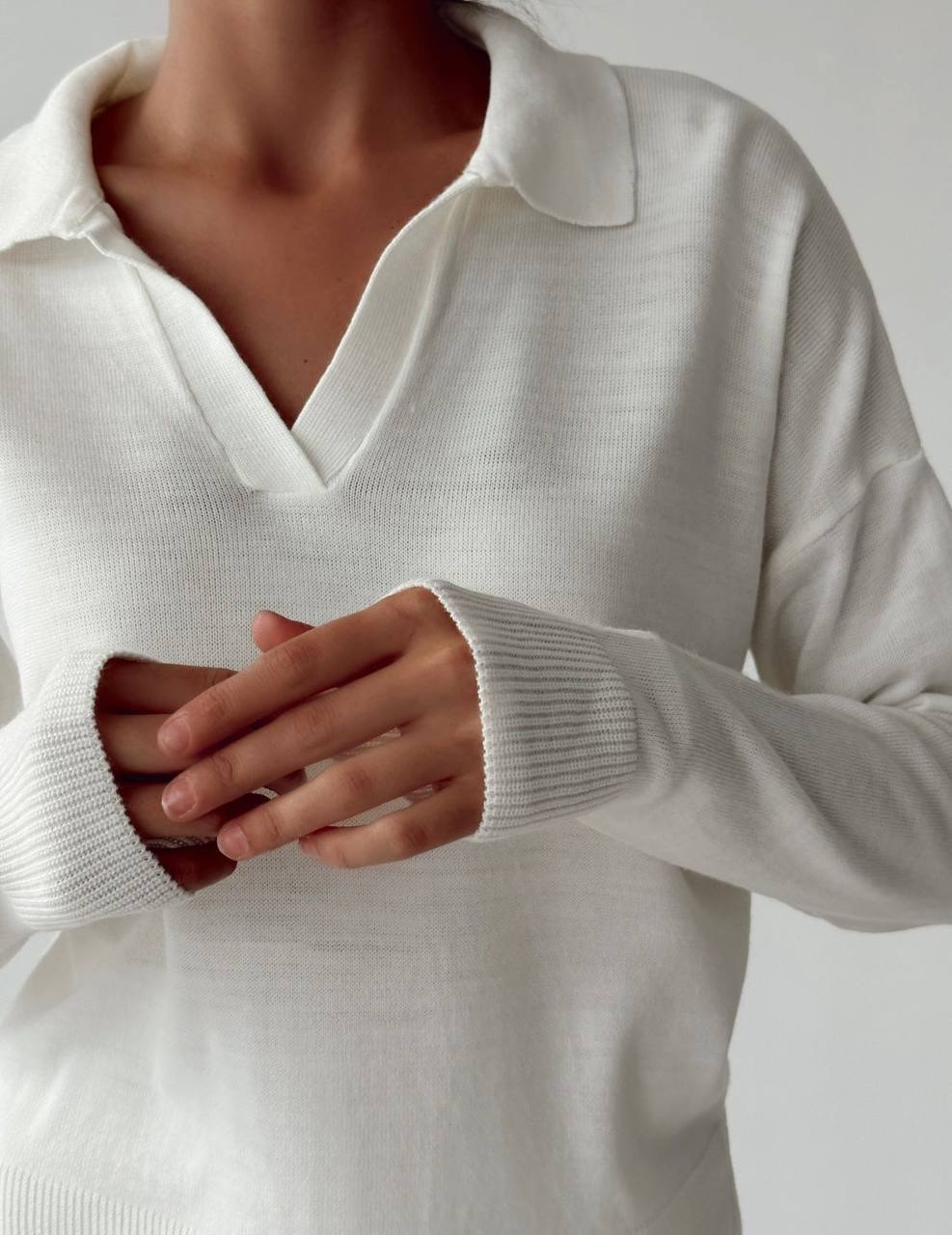 Ekru Polo Yaka V Kesimli Kadın Triko Bluz/Kazak