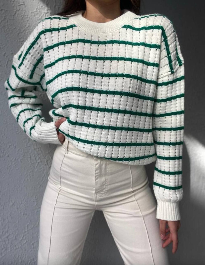 Vintage Style Green Striped Crew Neck Women's Knitwear Sweater
