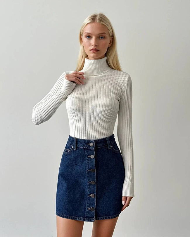 Old Money Krem Ribana Slim Fit Balıkçı Yaka Kadın Triko Bluz