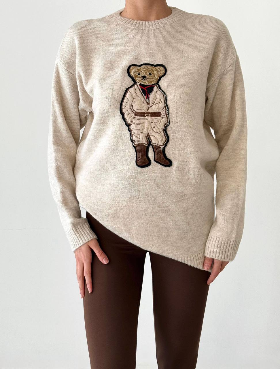 Ayıcık Desenli Eğlenceli Bej Oversize  Kesim Kadın Kazak