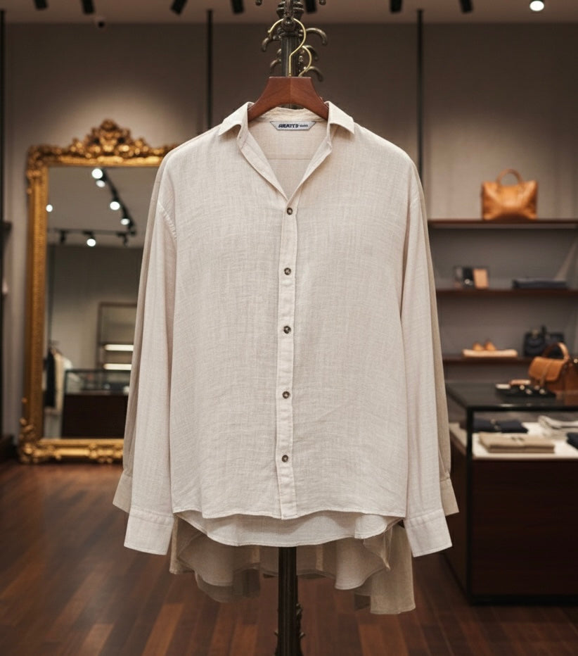 Bej Keten Görünümlü Erkek Gömlek