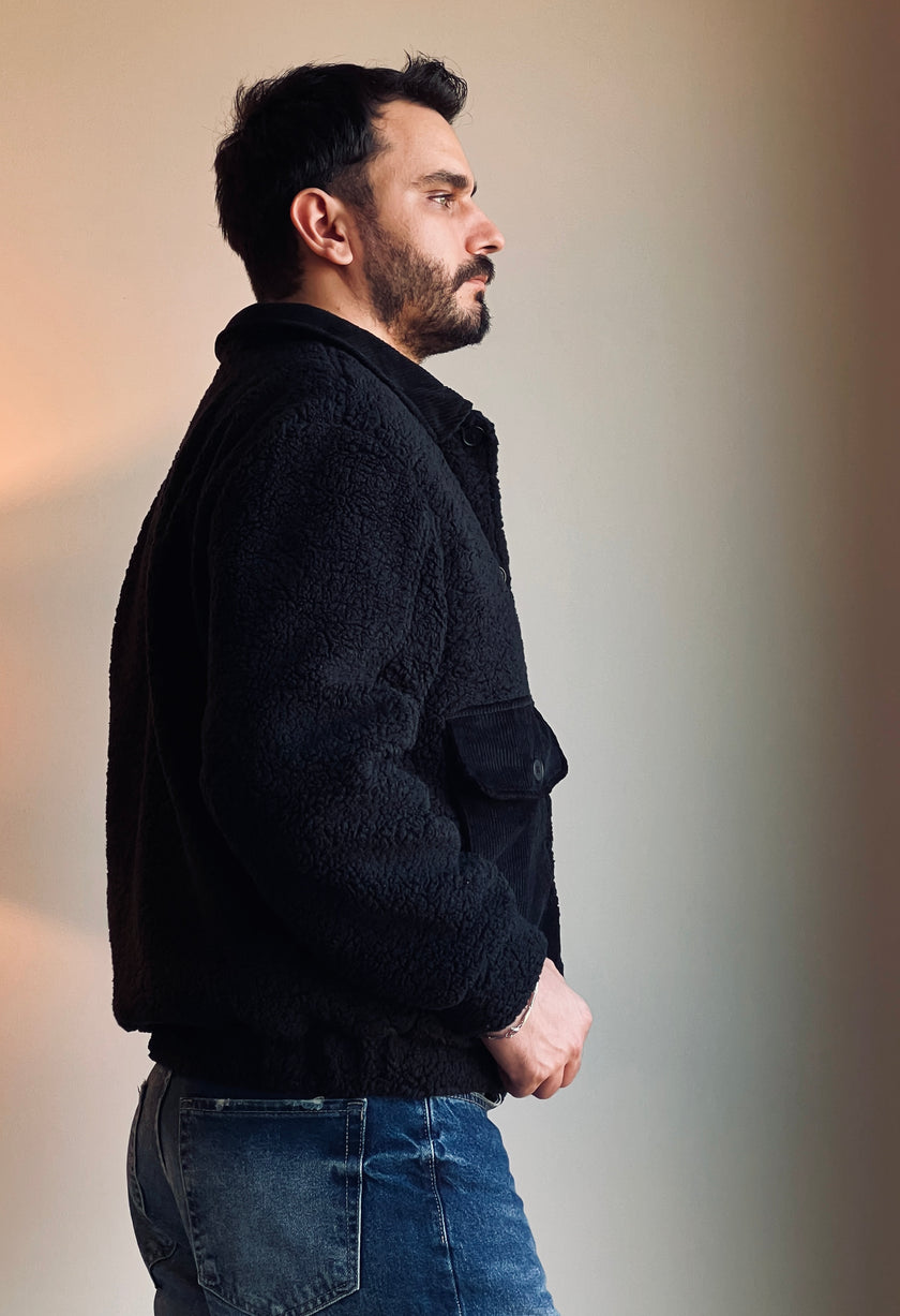 Siyah Peluş (Teddy) ve Kadife Detaylı Klasik Yaka Erkek Mont Ceket