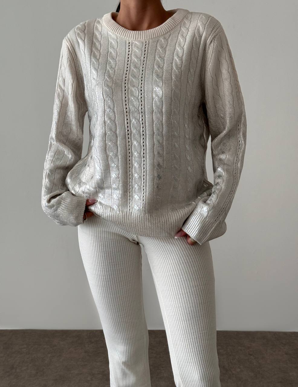 Işıltılı Simli Saç Örgü Krem Bisiklet Yaka Kadın Triko Kazak