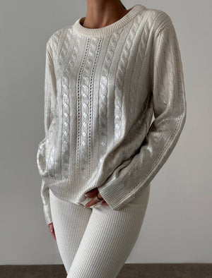 Işıltılı Simli Saç Örgü Krem Bisiklet Yaka Kadın Triko Kazak