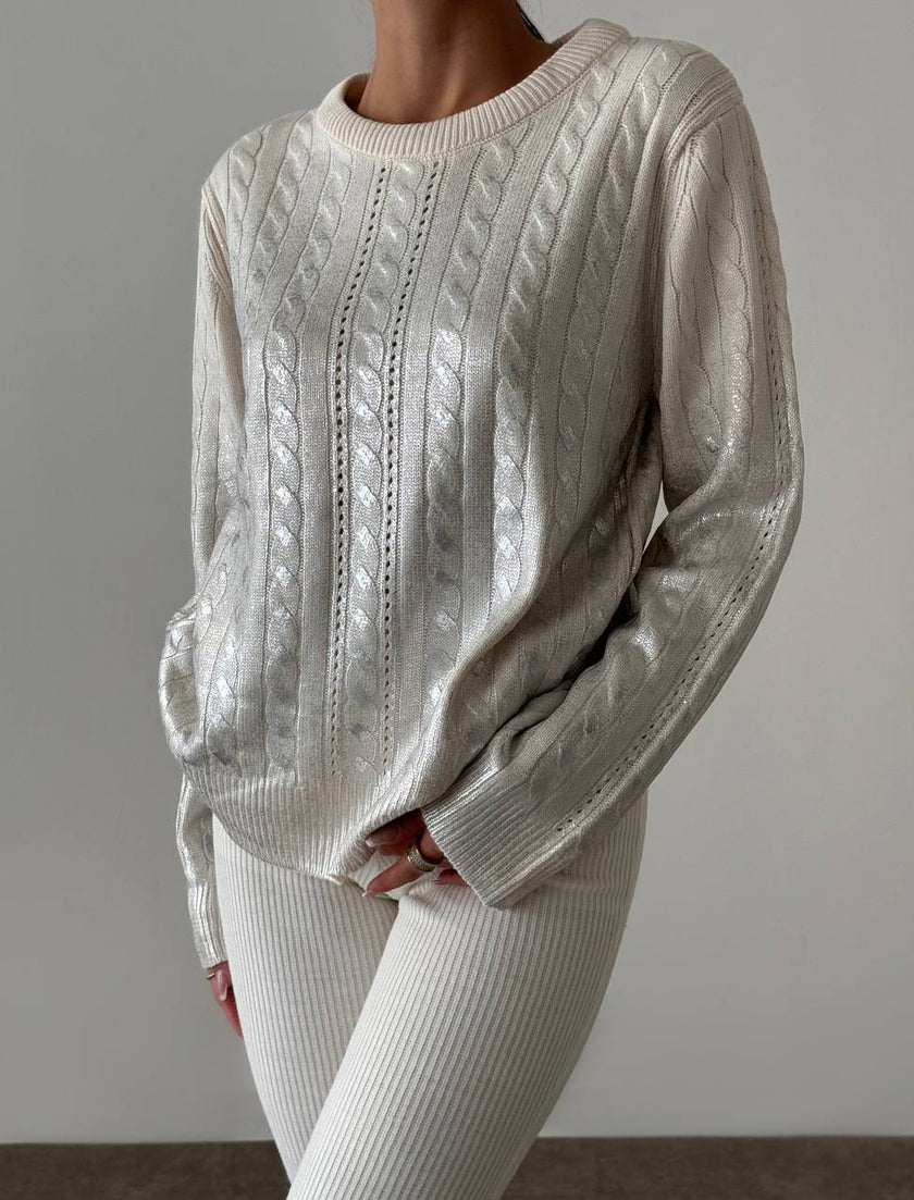 Işıltılı Simli Saç Örgü Krem Bisiklet Yaka Kadın Triko Kazak