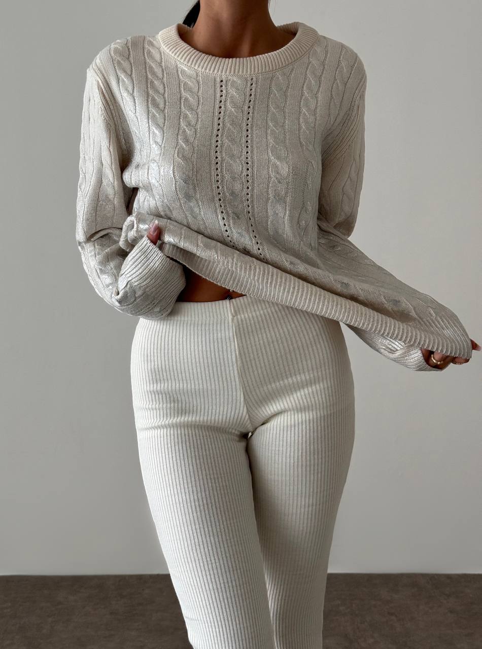 Işıltılı Simli Saç Örgü Krem Bisiklet Yaka Kadın Triko Kazak