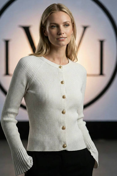 Bisiklet Yaka Altın Düğmeli Fitilli Triko Hırka