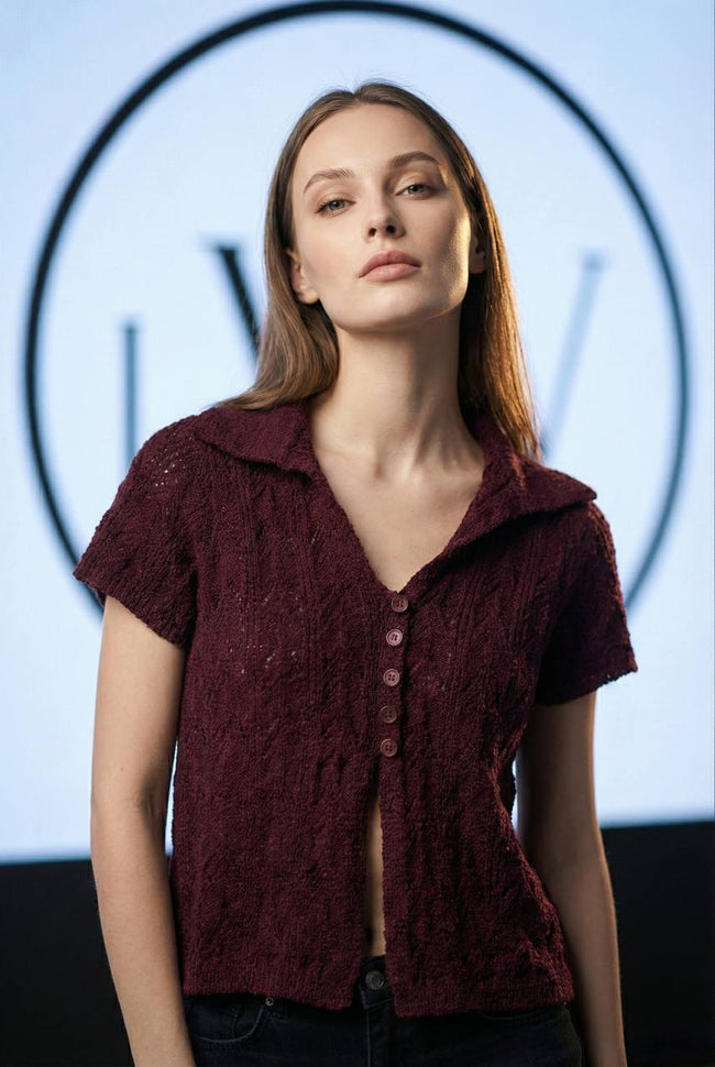 Kısa Kollu Yakalı Ajurlu Triko Hırka - Düğmeli Üst