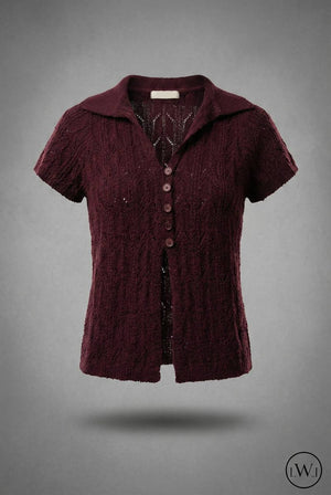 Kısa Kollu Yakalı Ajurlu Triko Hırka - Düğmeli Üst