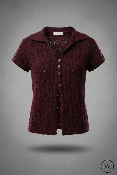 Kısa Kollu Yakalı Ajurlu Triko Hırka - Düğmeli Üst