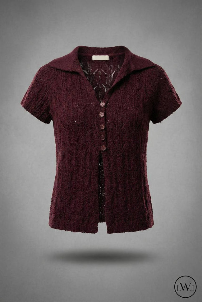 Kısa Kollu Yakalı Ajurlu Triko Hırka - Düğmeli Üst