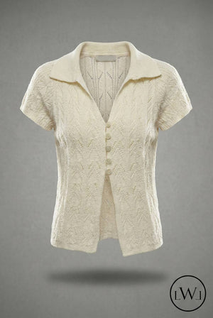 Kısa Kollu Yakalı Ajurlu Triko Hırka - Düğmeli Üst