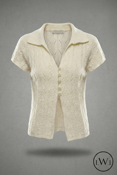 Kısa Kollu Yakalı Ajurlu Triko Hırka - Düğmeli Üst