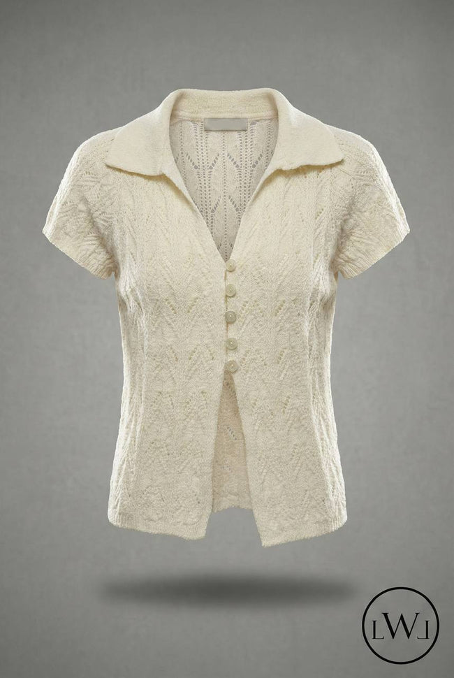 Kısa Kollu Yakalı Ajurlu Triko Hırka - Düğmeli Üst