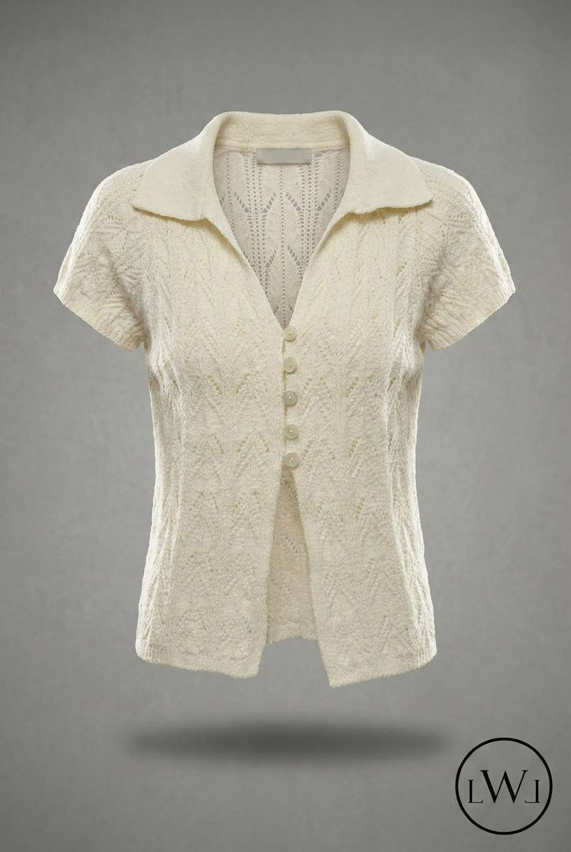 Kısa Kollu Yakalı Ajurlu Triko Hırka - Düğmeli Üst