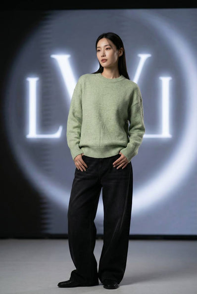 Mint Yeşili Bisiklet Yaka Işıltılı Salaş Triko Kazak