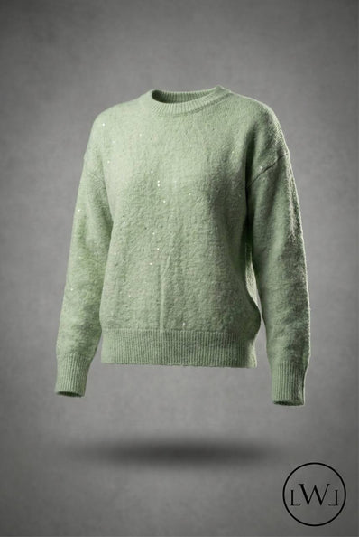 Mint Yeşili Bisiklet Yaka Işıltılı Salaş Triko Kazak