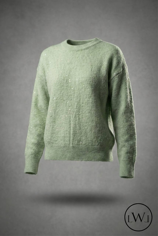 Mint Yeşili Bisiklet Yaka Işıltılı Salaş Triko Kazak