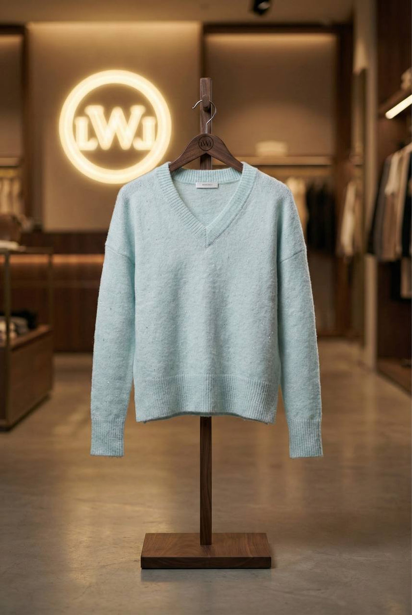 Su Yeşili V Yaka Düşük Omuz Salaş Triko Kazak