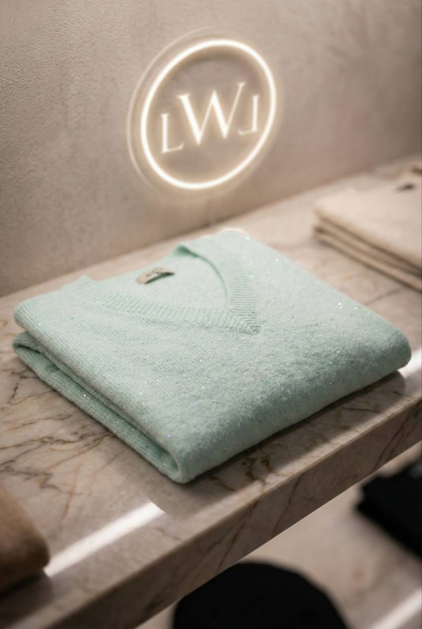 Su Yeşili V Yaka Düşük Omuz Salaş Triko Kazak