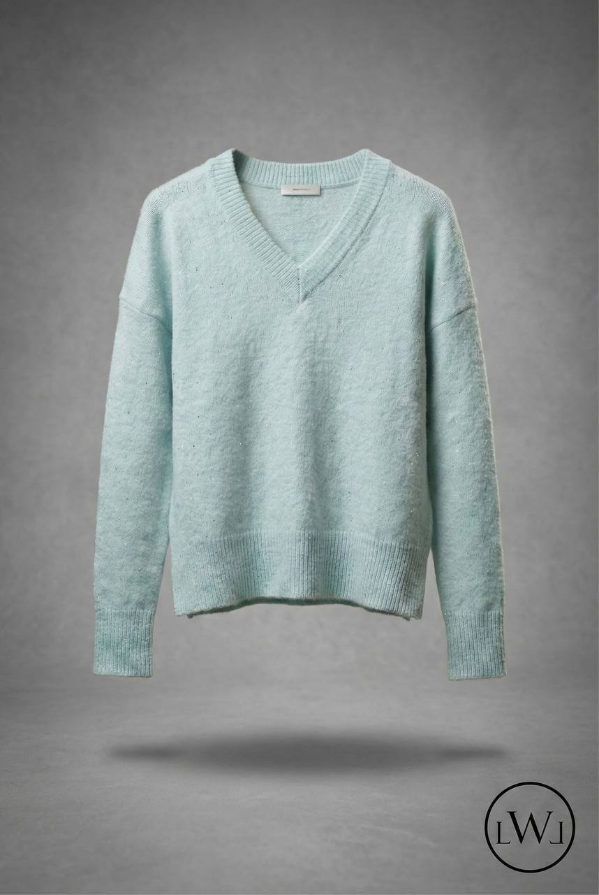 Su Yeşili V Yaka Düşük Omuz Salaş Triko Kazak