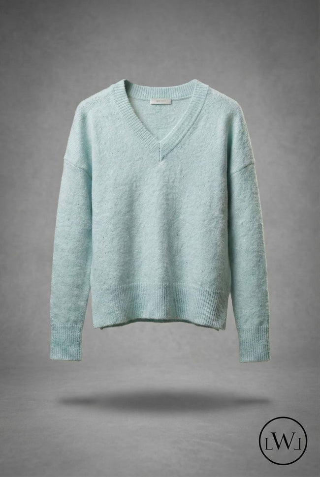 Su Yeşili V Yaka Düşük Omuz Salaş Triko Kazak