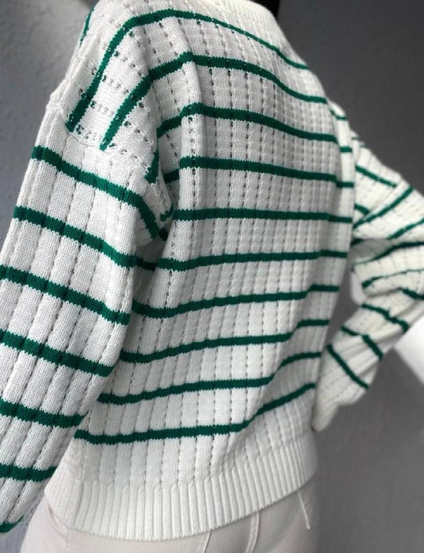 Vintage Style Green Striped Crew Neck Women's Knitwear Sweater